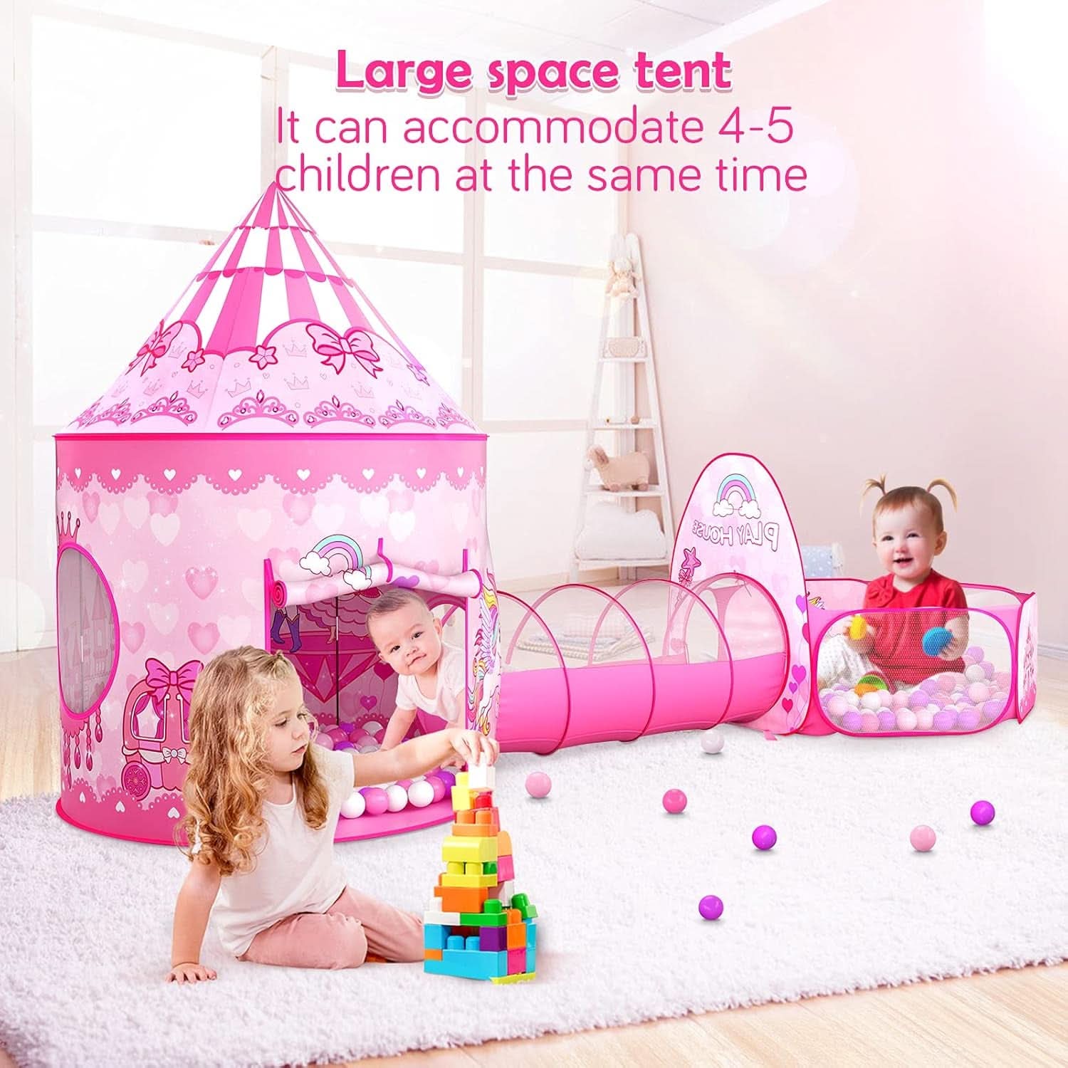 Pink Princess Playhouse Tent Ball Pit Multifunctional-3