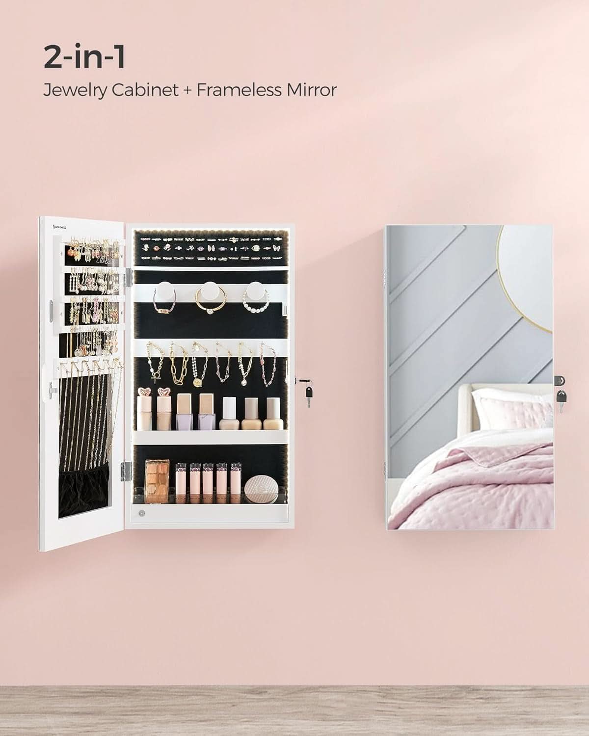 Mirror Jewelry Cabinet Armoire With LED Lights White-2