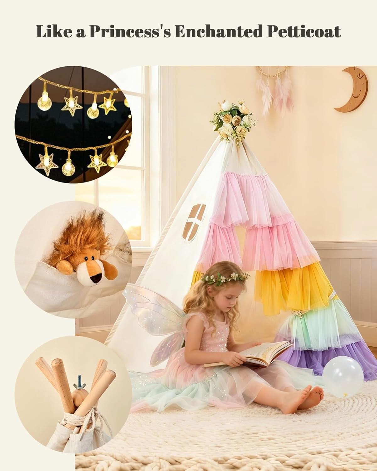Colorful Multicolor Teepee Tent With Rainbow Gauze-2