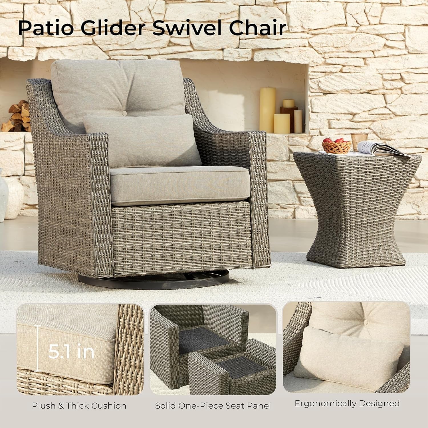 3 Piece Wicker Patio Bistro Set With Grey Cushions