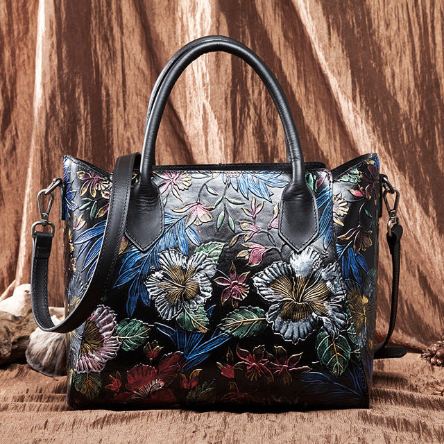 Vintage Flower Embossed Genuine Leather Handbag