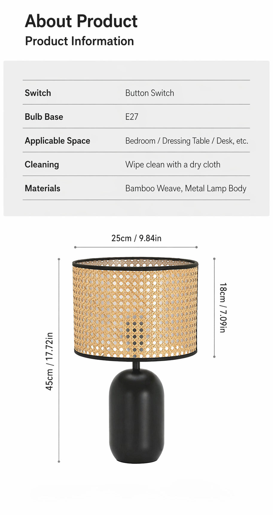 Handmade Woven Canework  Mid-Century Desk Lamp, E27 Socket, 18" Tall-4