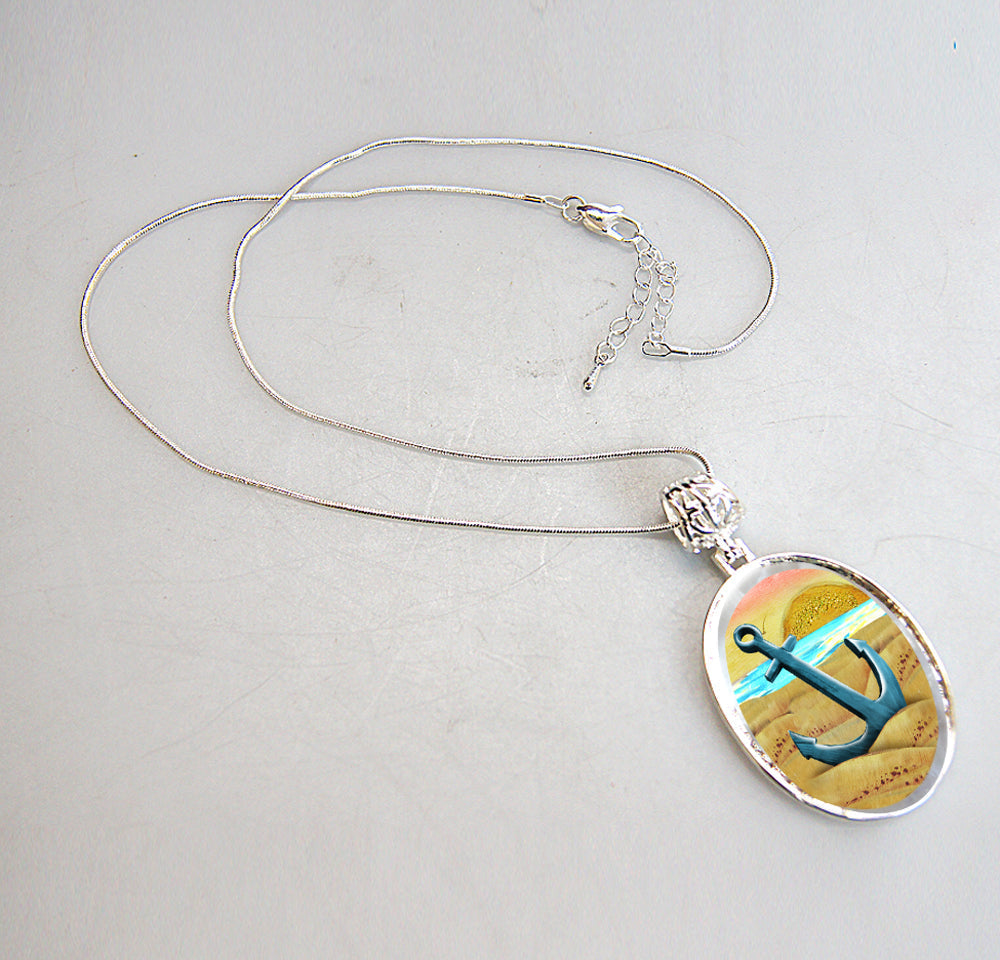 Anchor Silver-Plated Mother of Pearl Jewelry Pendant Necklace - 44056-1