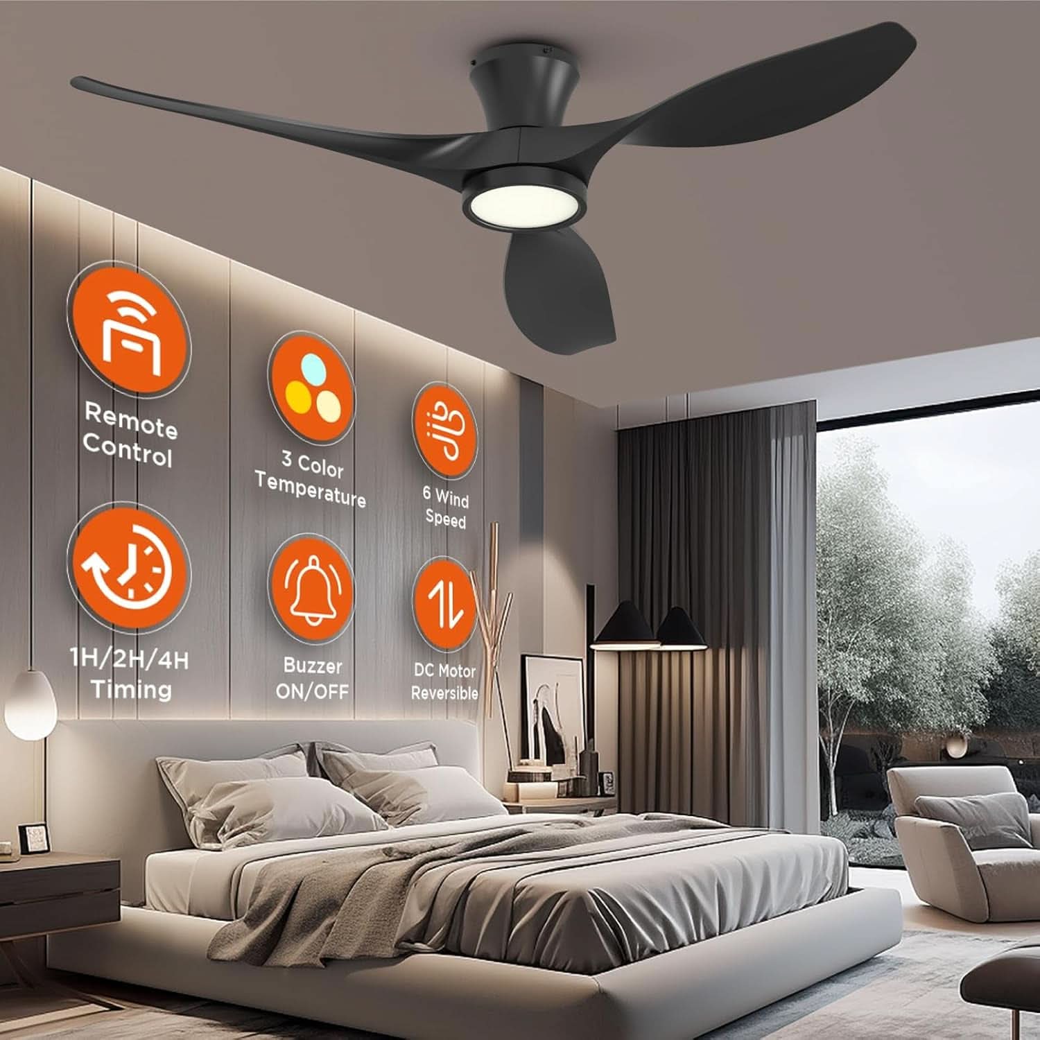 52 Inch Black Ceiling Fan With Integrated Led Lighting-1