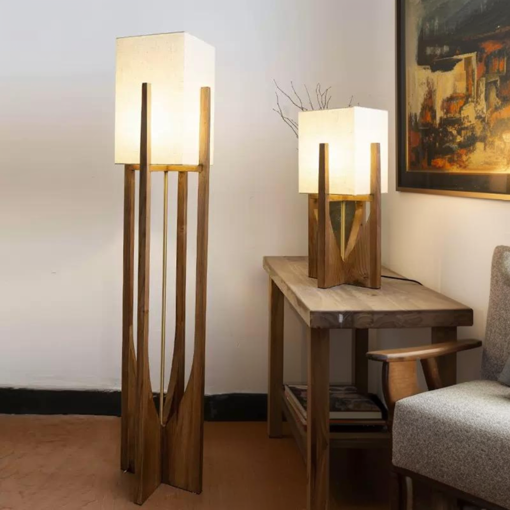 Minimalist Japanese Zen Floor Lamp, Solid Wood Standing Lamp with Soft Fabric Shade-0