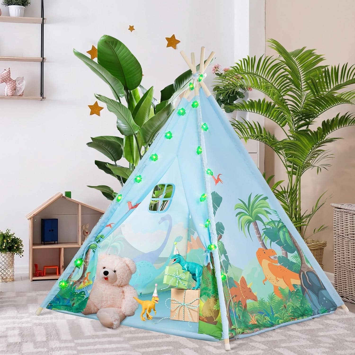 Kids Teepee Tent With Dinosaur Adventure LED String Lights-4