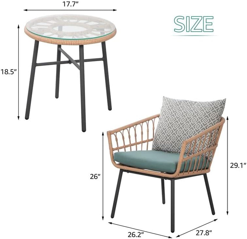 3 Piece Outdoor Patio Furniture Set With Conversation Bistro Tempered Coffee Table And Green Wicker Chairs