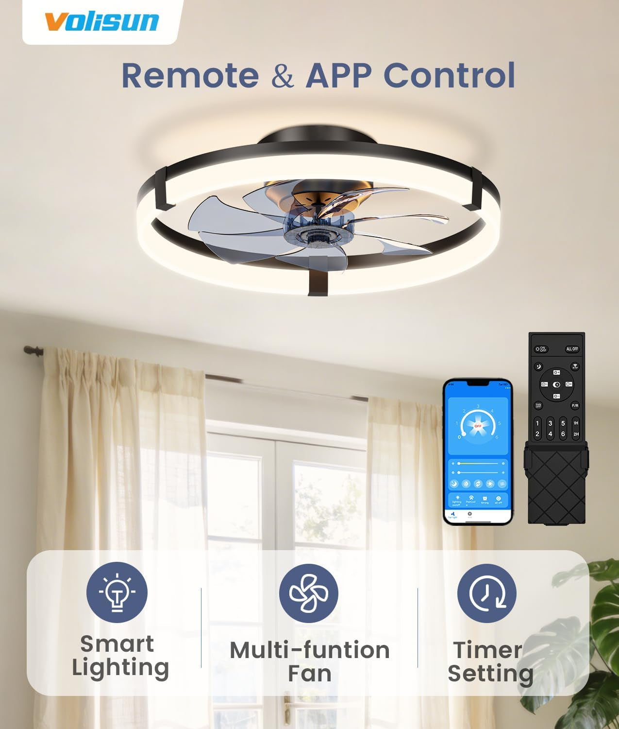 Black Bladeless 20In Flush Mount Fan Dimmable Light-2
