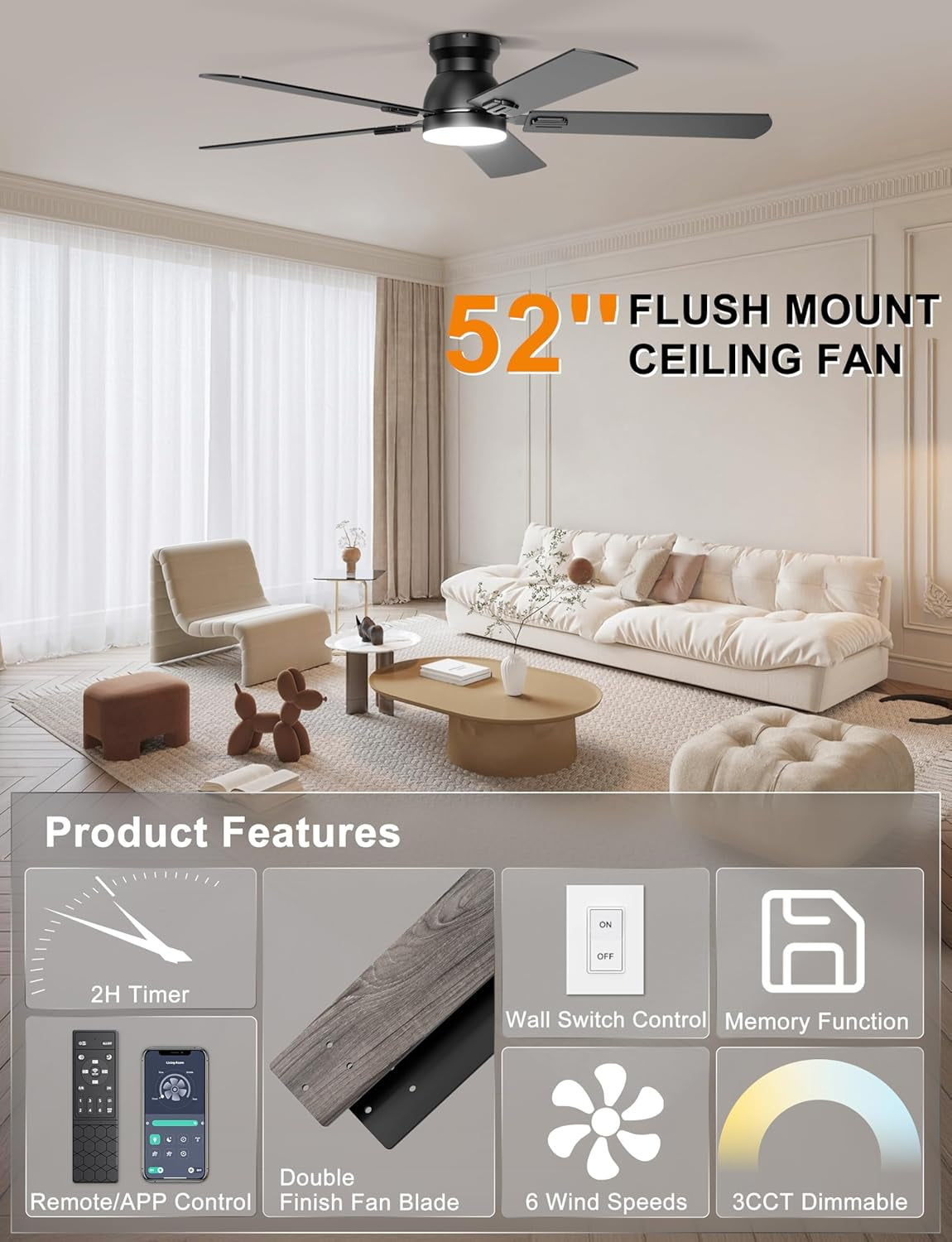 52Inch Ceiling Fan Flush Mount Remote Control System-2