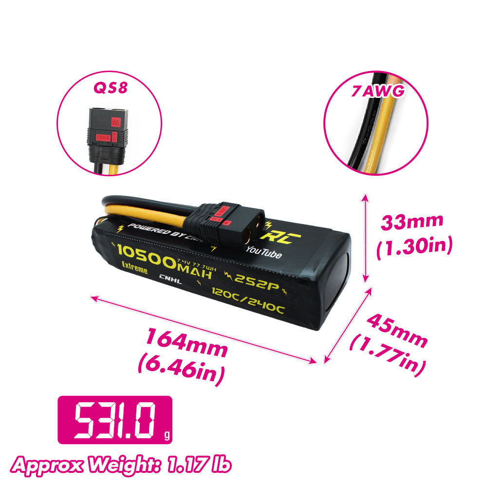 CNHL Innovation RC Extreme Series 10500mAh 7.4V 2S 120C Lipo Battery with QS8 Plug
