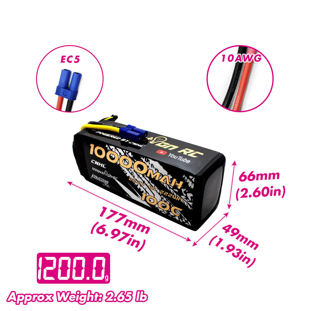 CNHL Innovation RC Series 10000mAh 22.2V 6S 100C Lipo Battery with EC5 Plug-5
