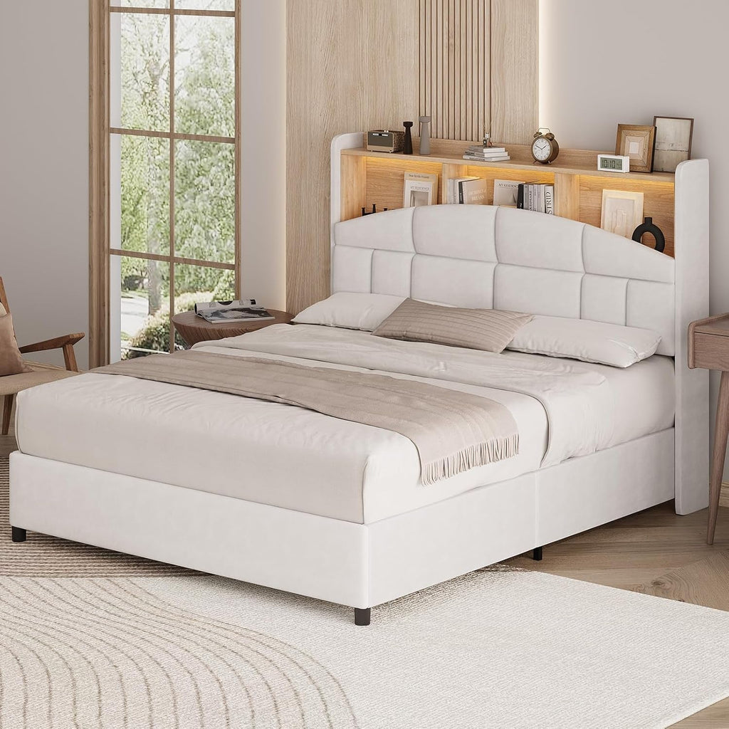 Queen Size Velvet Upholstered Bed Frame With Storage