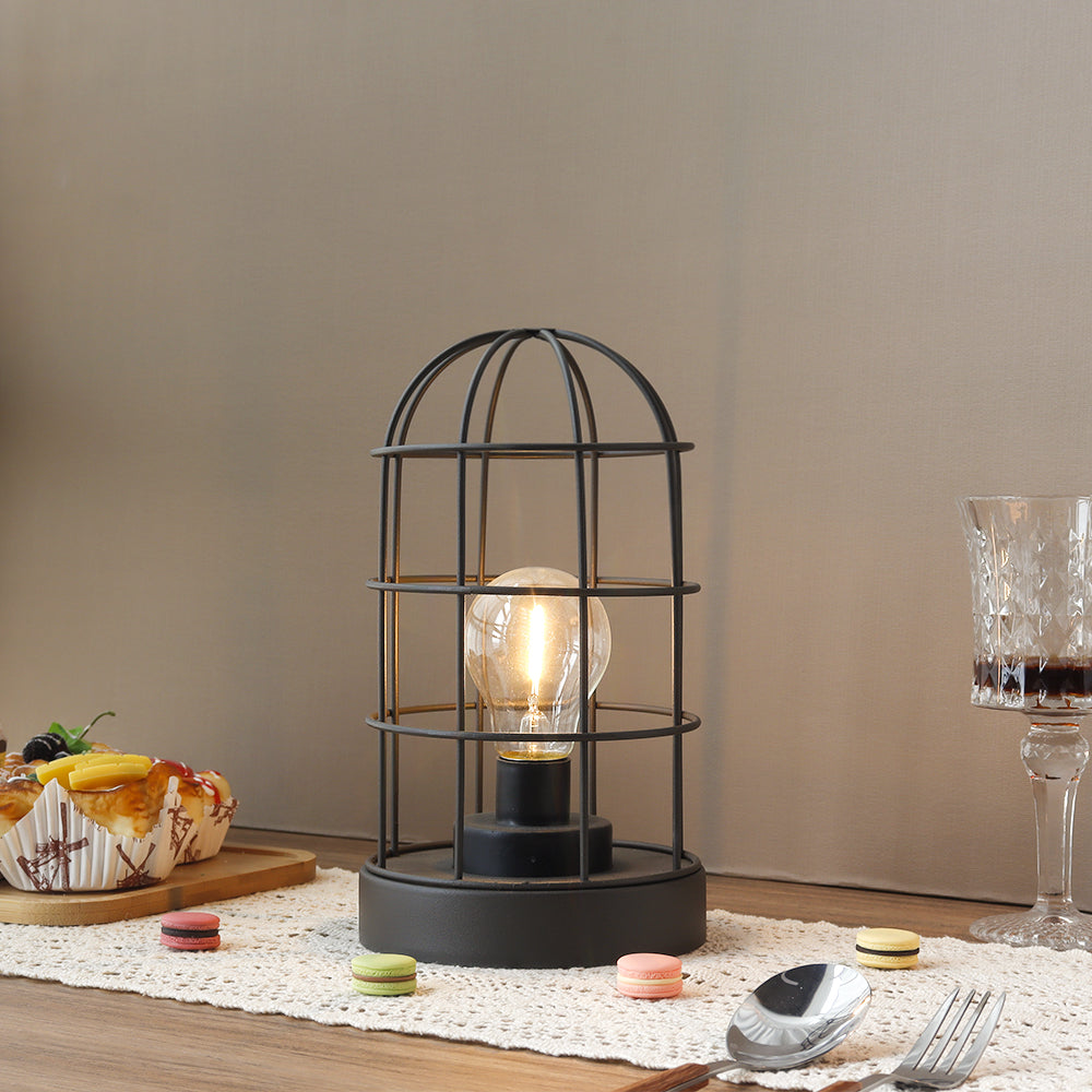 9.5''H Decorative Table Lamp Metal Cage Cordless Lamps with LED Bulb(Black)-1