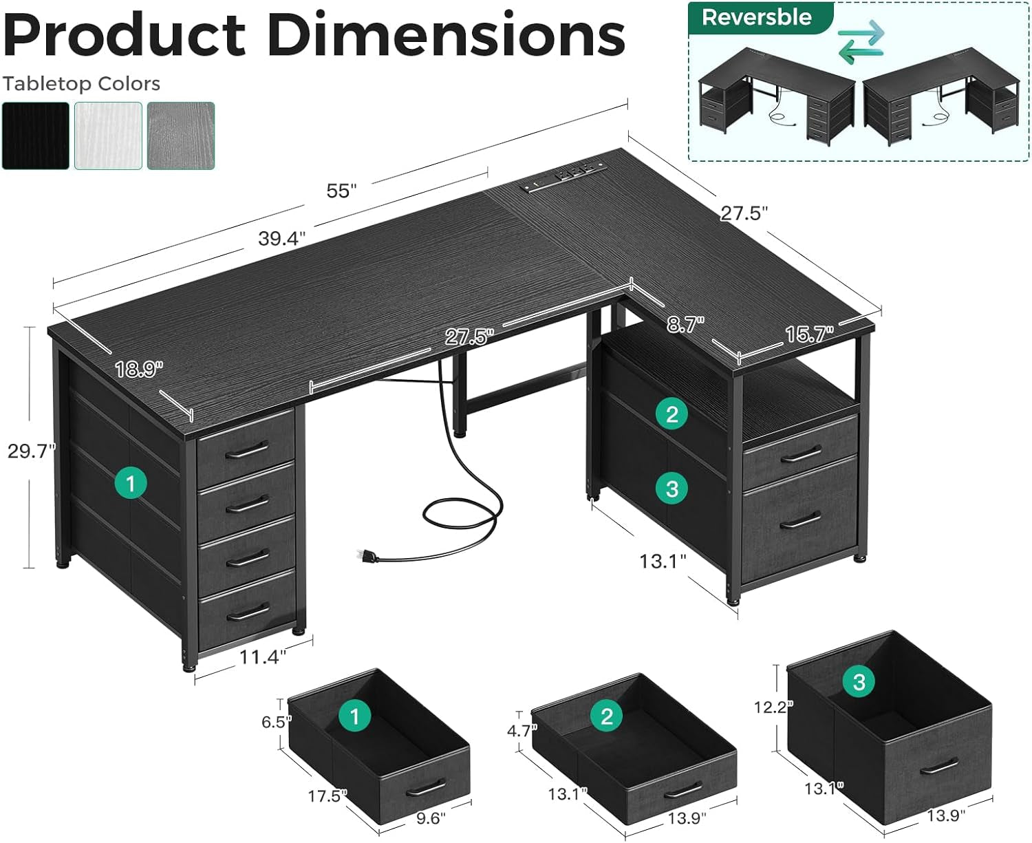 L Shaped Computer Desk 55 Inch With 6 Drawers Home Office