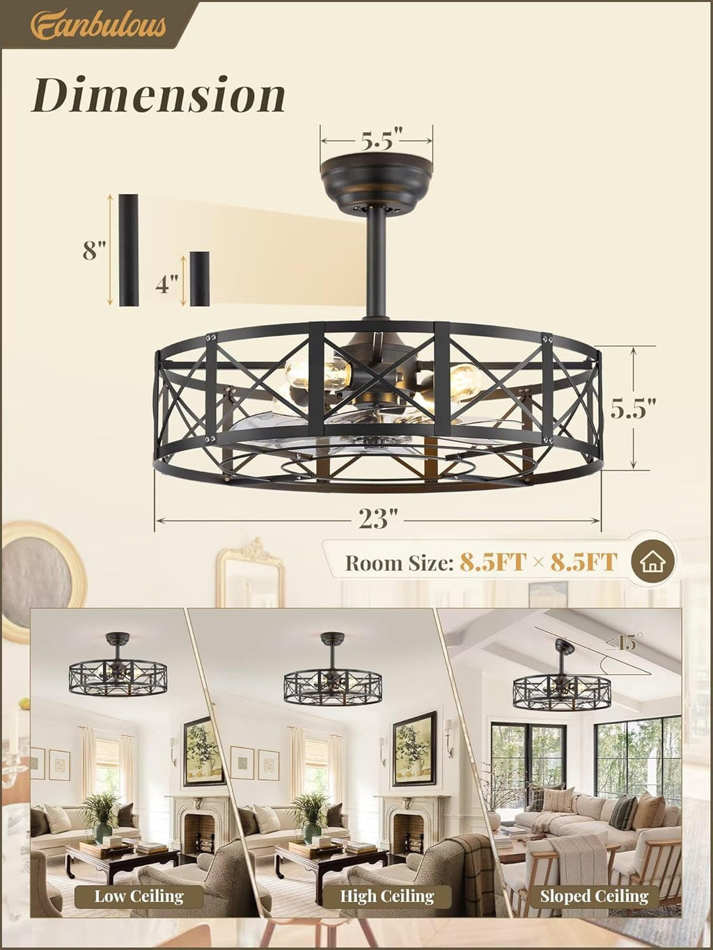 23 Inch Matte Black Fandelier Bladeless Ceiling Fan-4