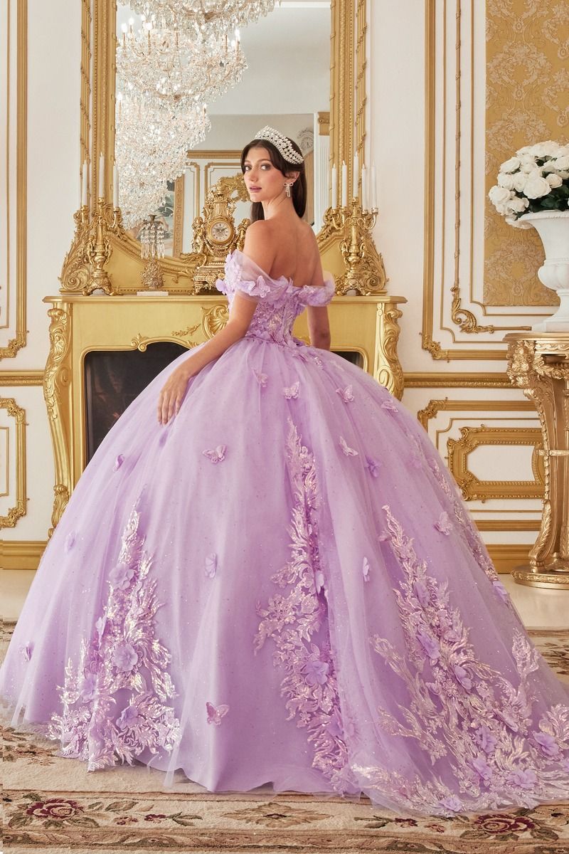 Off the Shoulder Floral Appliqued Ball Gown-2
