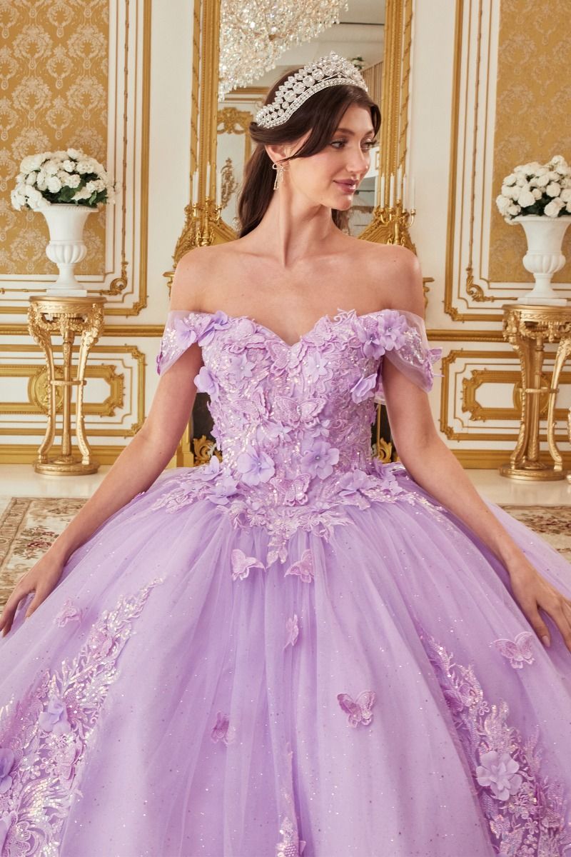 Off the Shoulder Floral Appliqued Ball Gown-1