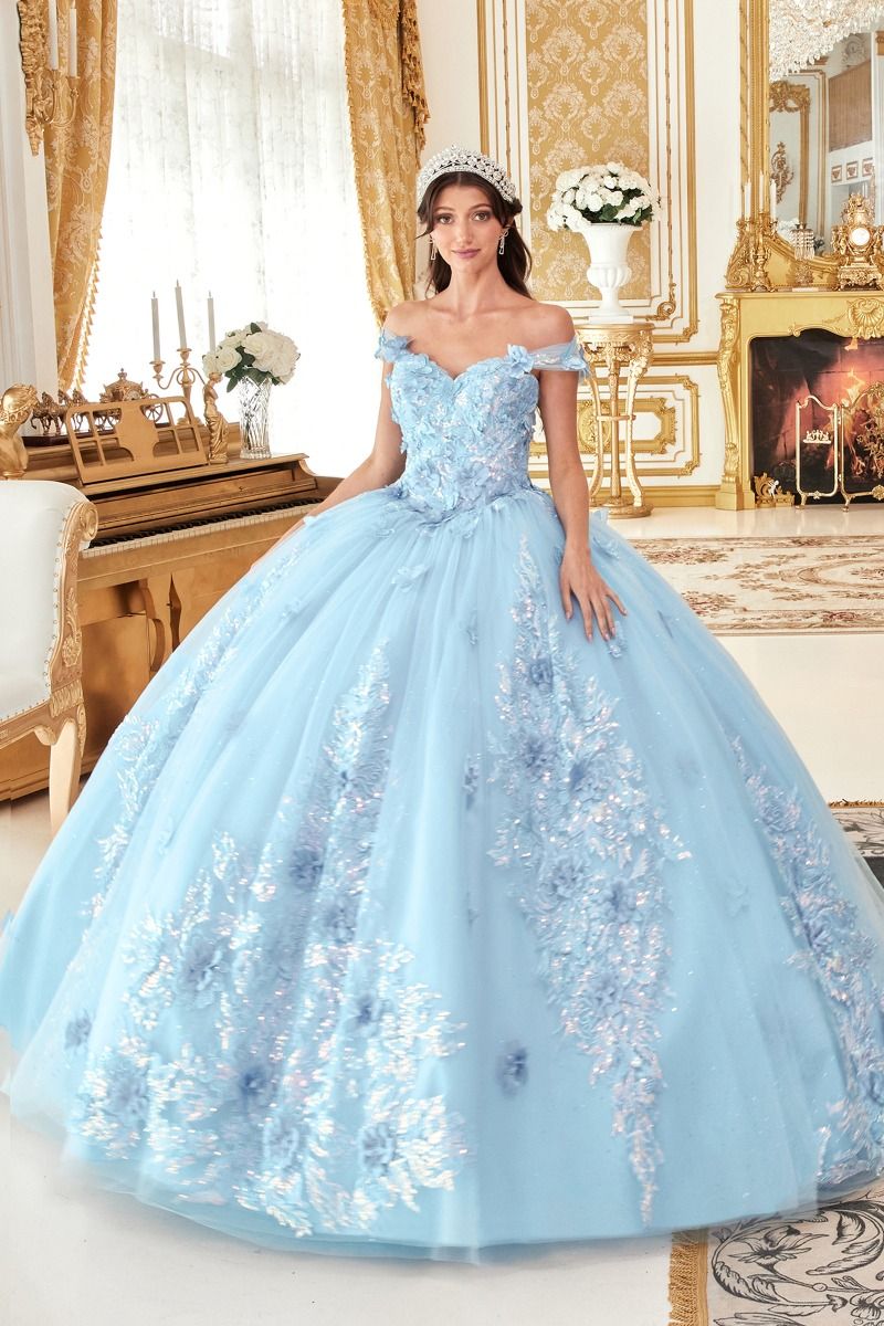 Off the Shoulder Floral Appliqued Ball Gown-3