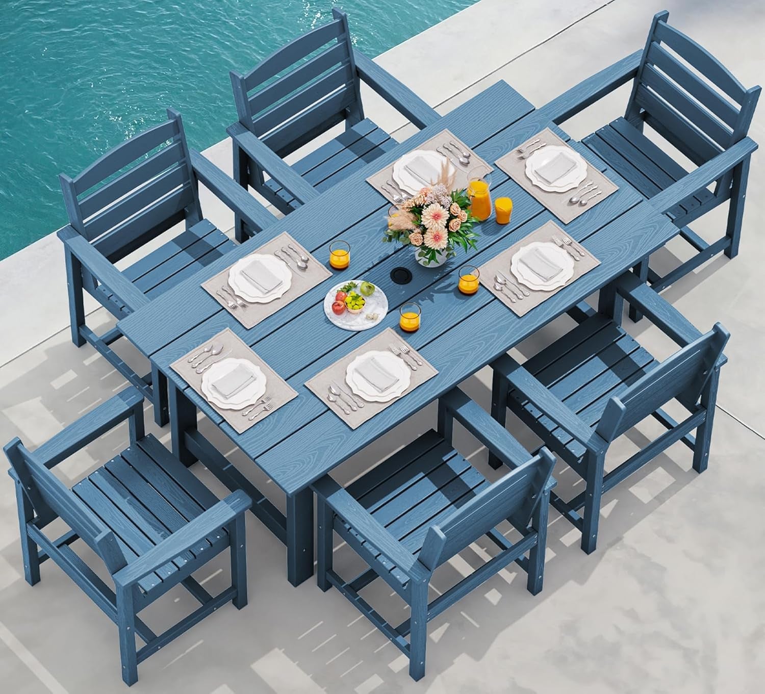 7 Piece Patio Dining Set Outdoor HDPE Table Blue Chairs