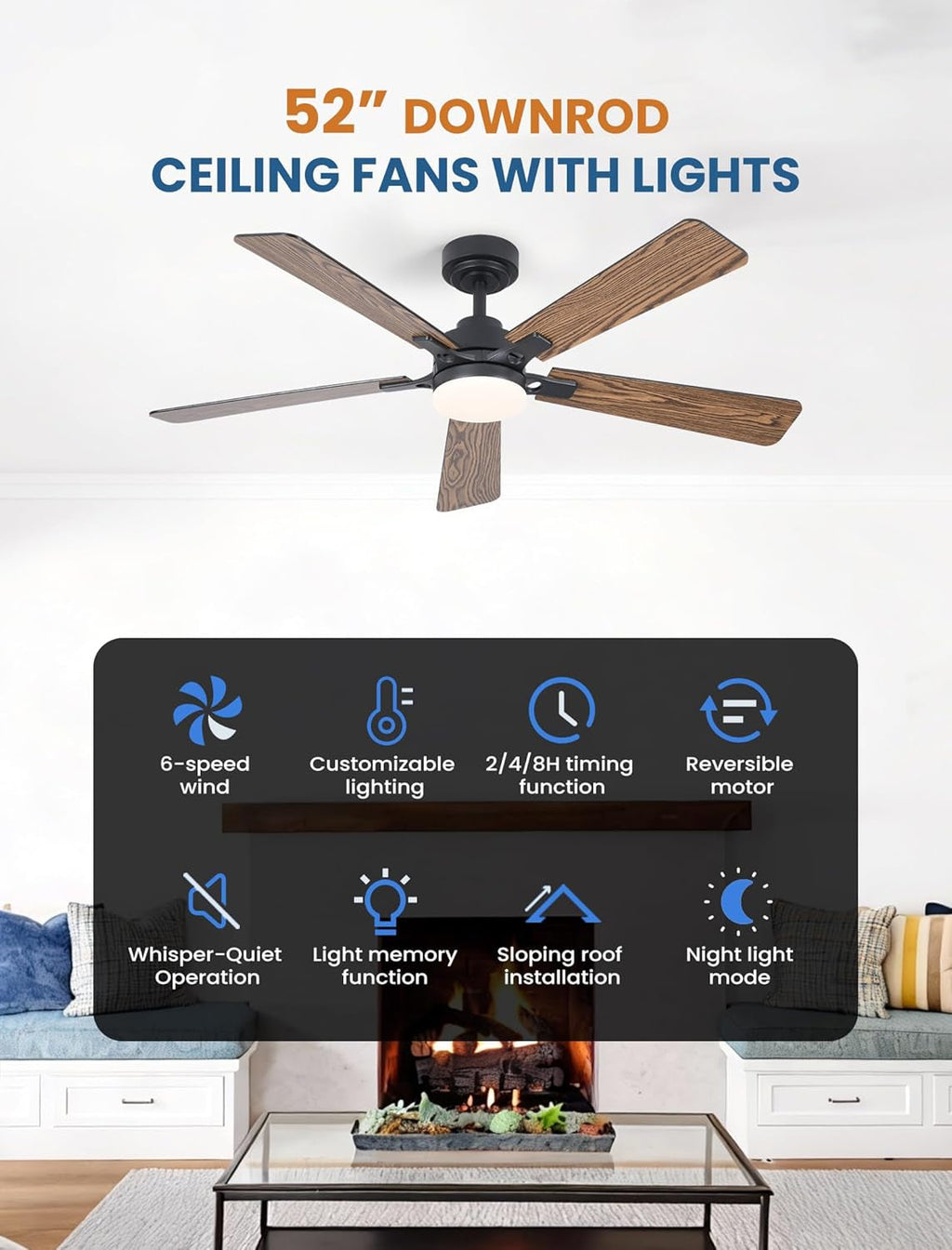 52Inch Matte Black Ceiling Fan Remote Dimmable LED Lights-1
