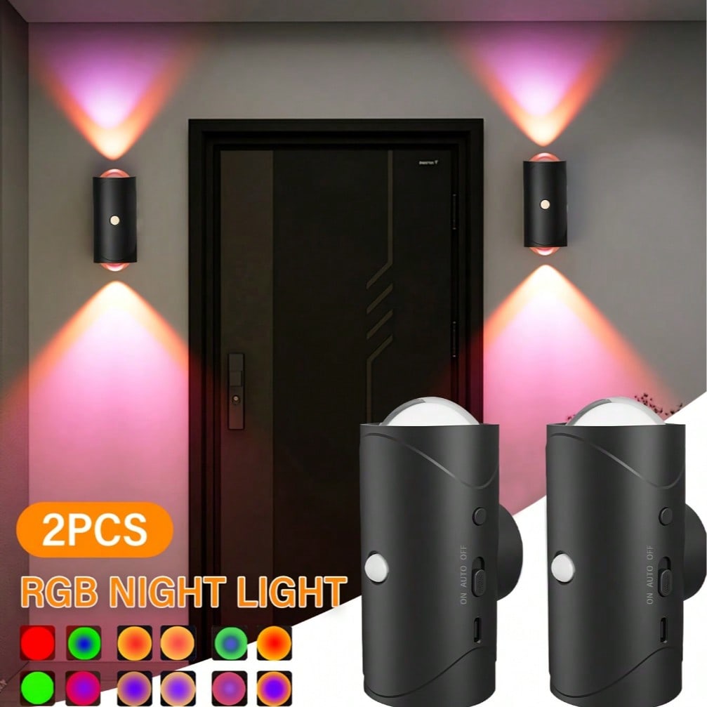 2pcs LED Motion Sensor Wall Lights, Rechargeable LED Night Lights RGB Gradient Ambient Light, Dimmable Indoor Lamps, Magnetic Step Lights Suitable For Hallways, Bedside, Desks, Closets, And Emergency Use-0
