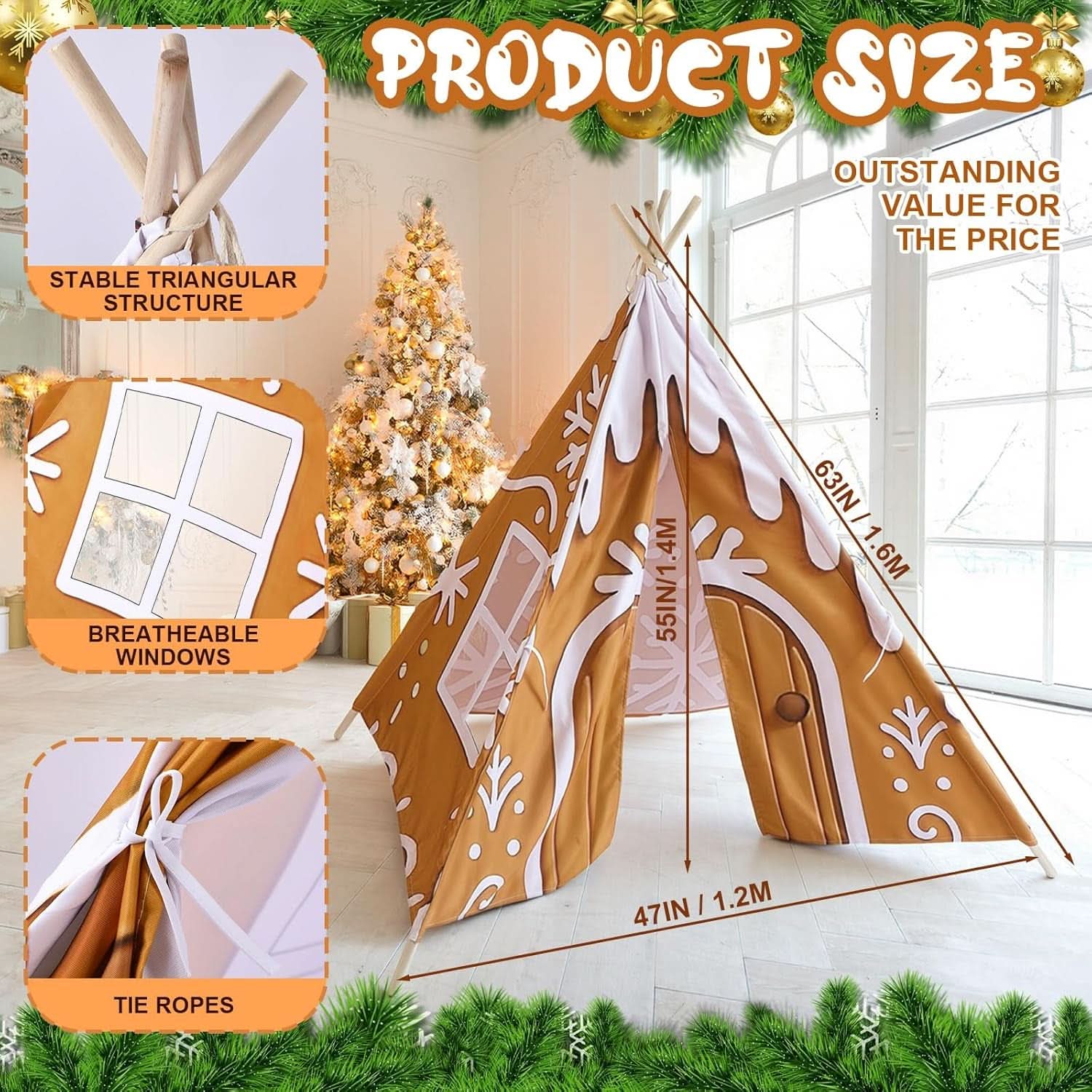 Ginger bread Play Teepee Tent 47x47x55 Inches Foldable-1