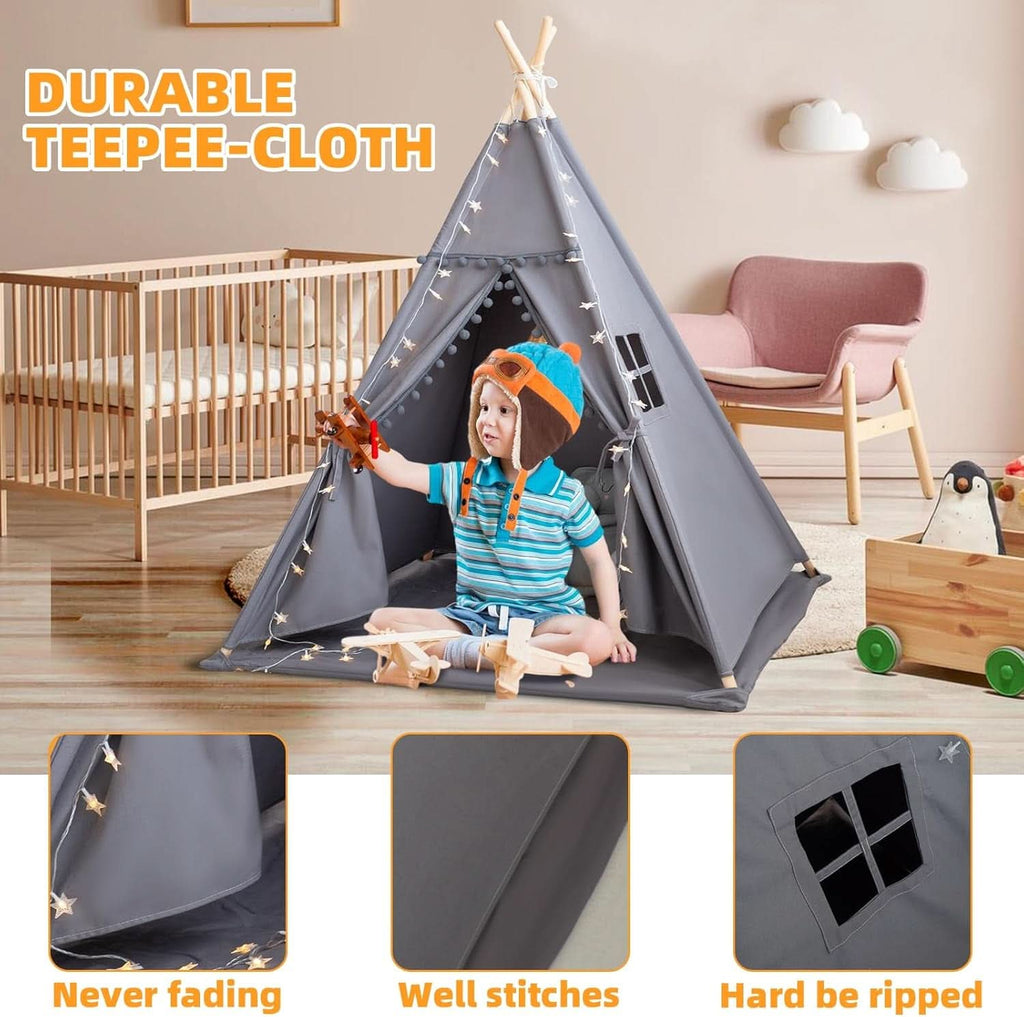 Grey Ultra Sof tDeluxe Cotton Canvas Teepee Tent For Kids-3