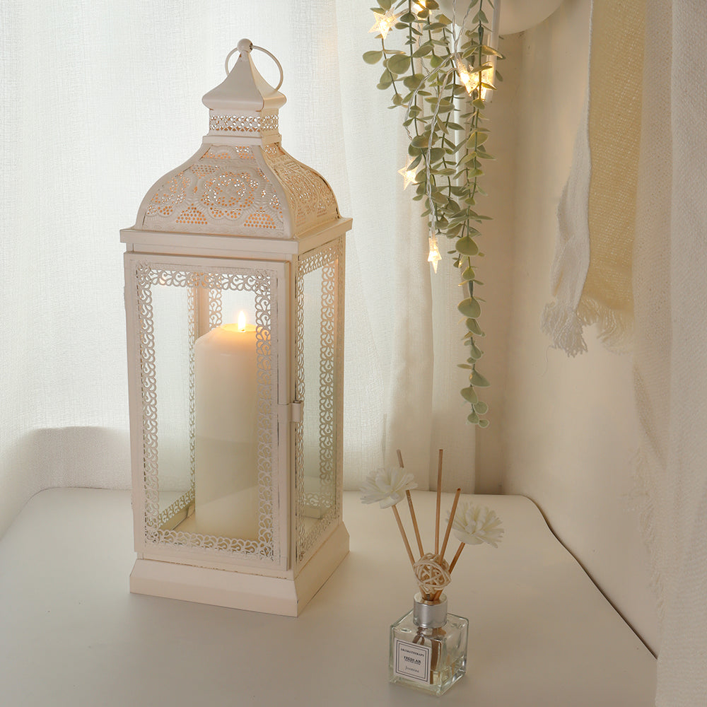 Rustic Metal Decorative Candle Lantern Hanging  Candle Holder with Tempered Glass(White)-3