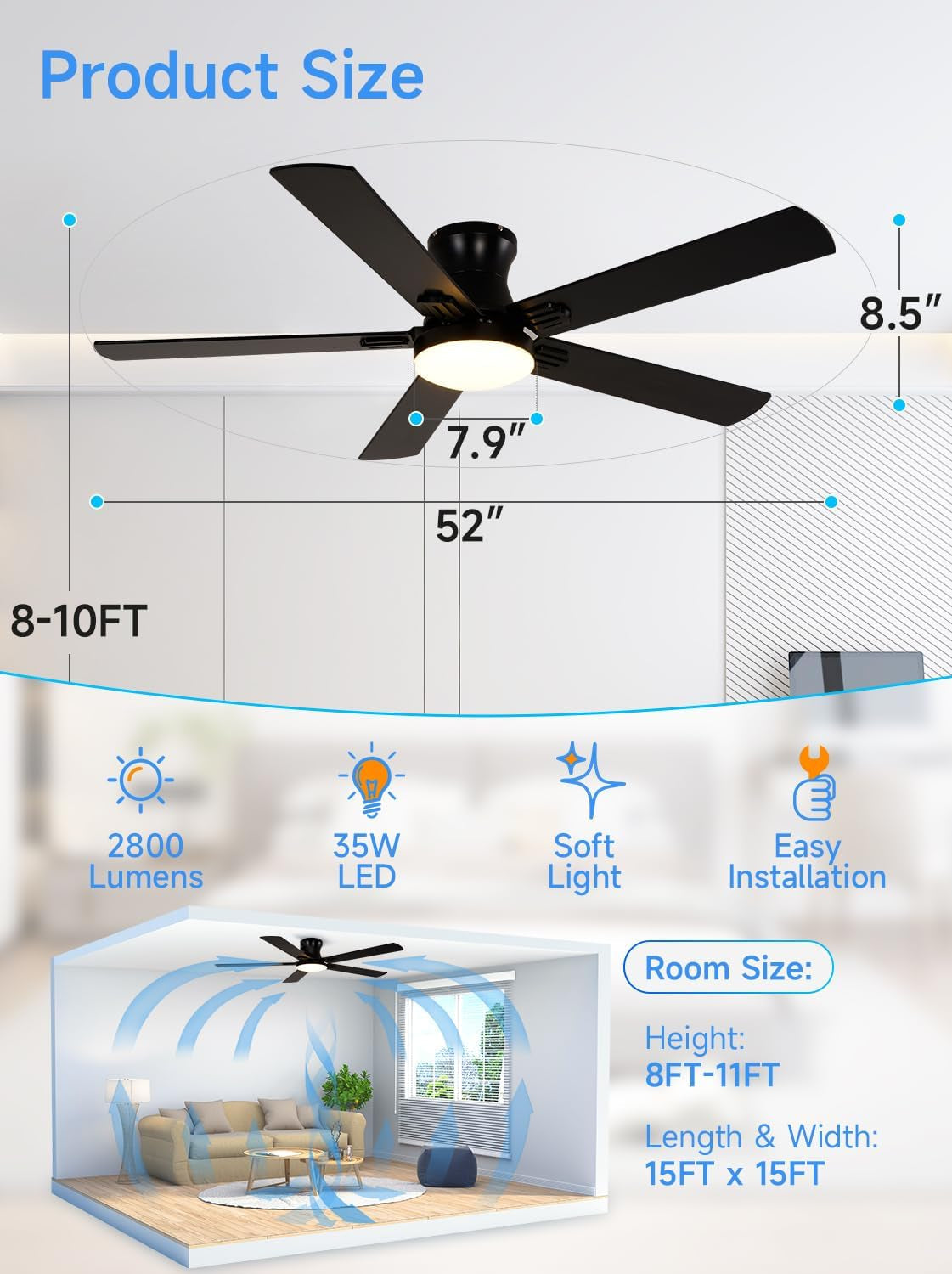 52 Inch Black Ceiling Fan Energy Efficient Smart LED-2