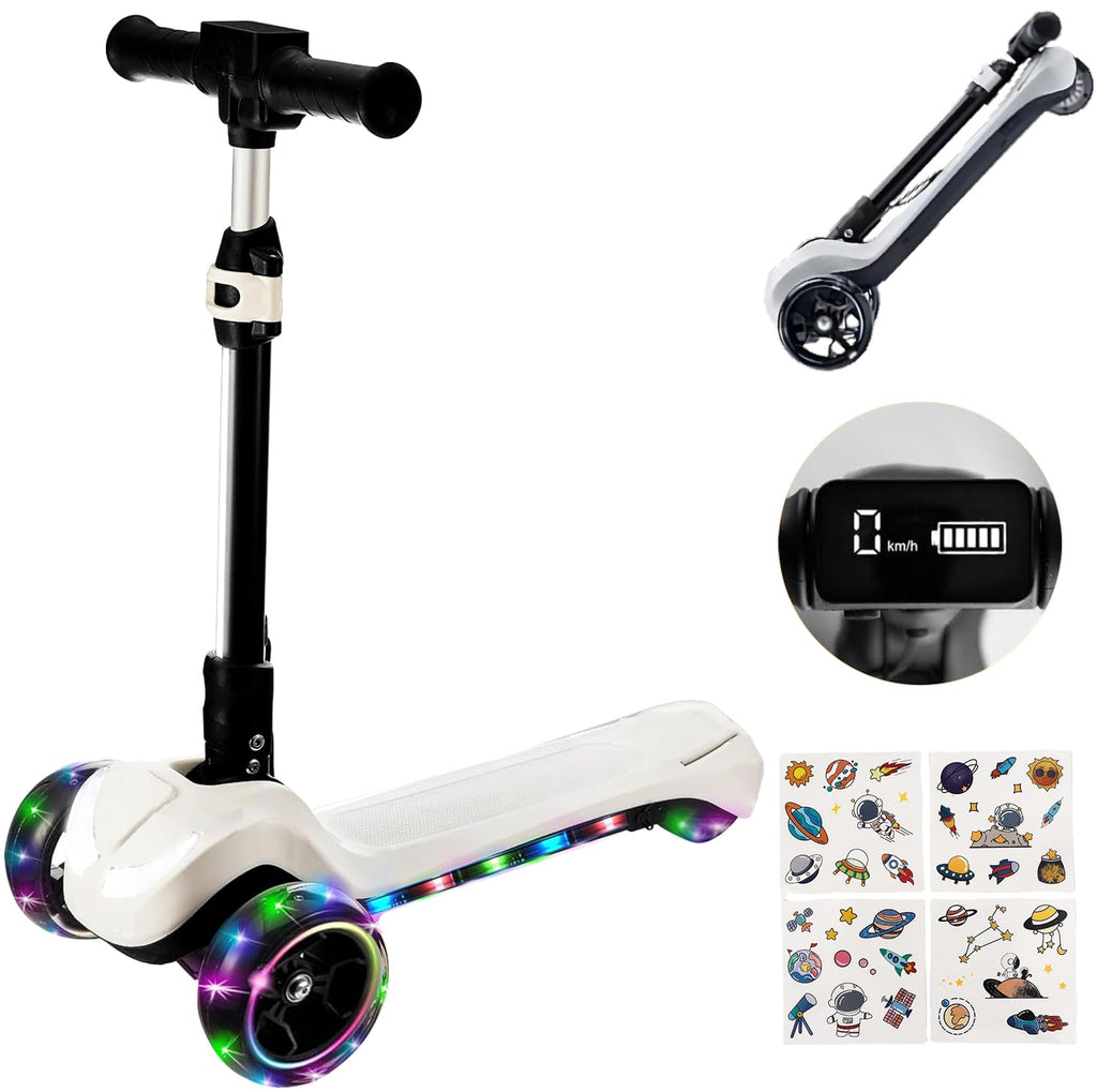 3 Wheel Electric Scooter for Kids Ages 4-8 Foldable 24V Electric Scooter with LCD Screen Thumb Accelerator Light Up PU Wheels & Deck 3 Adjustable Height 5MPH Speed for Boys Girls Birthday Gift