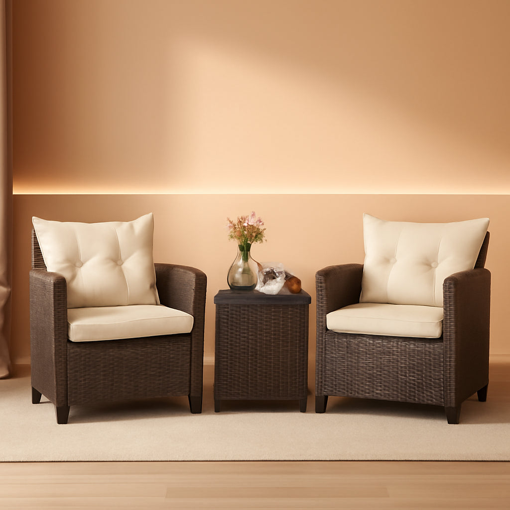 3 Piece Patio Furniture Set White PE Rattan Wicker Outdoor Sofa Set With Washable Cushions And Tempered Glass Tabletop