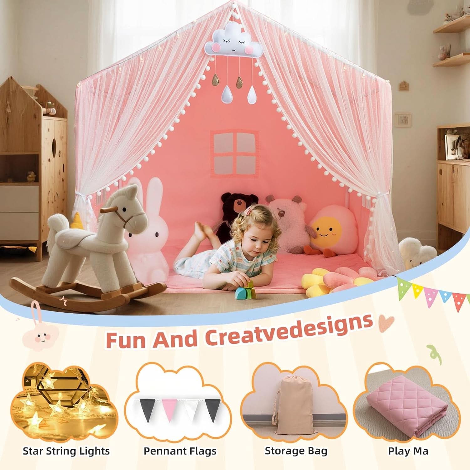 55 Inch Vibrant Color Kids Play Tent With Padded Mat-3