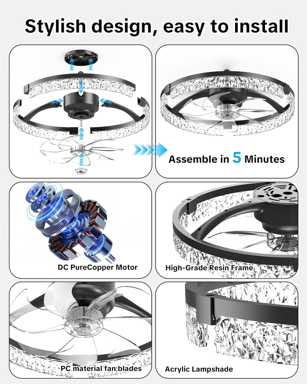 20Inch White Dimmable LED Ceiling Fan Remote Control-1