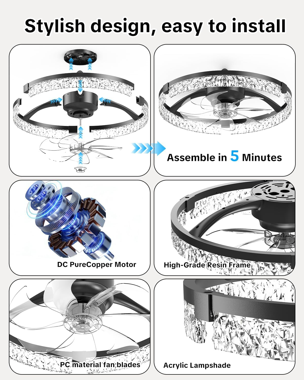 20Inch White Dimmable LED Ceiling Fan Remote Control-1