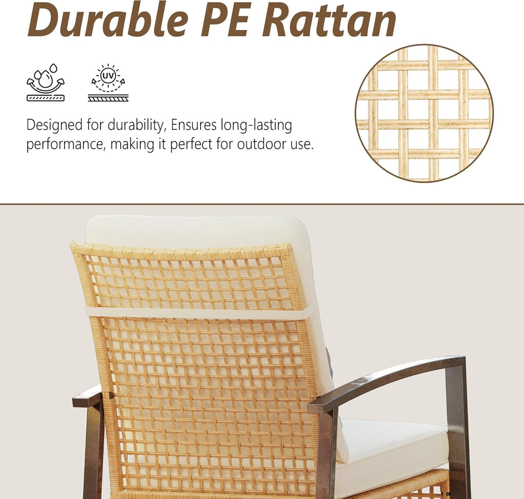 Beige Patio Rocking Chairs Set With Glass Coffee Table