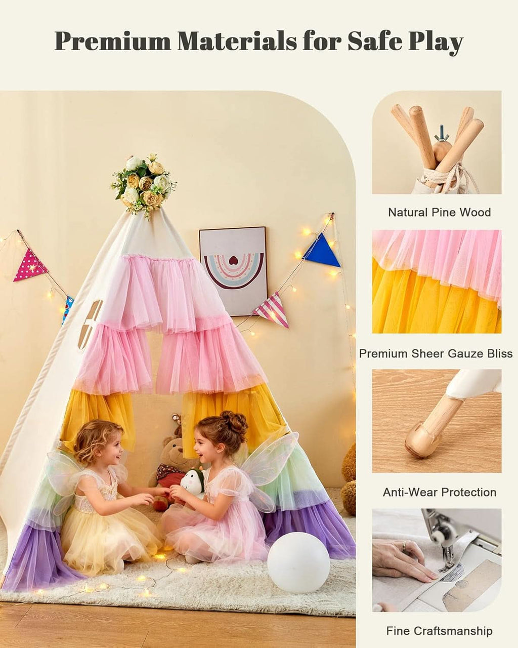 Colorful Multicolor Teepee Tent With Rainbow Gauze-3