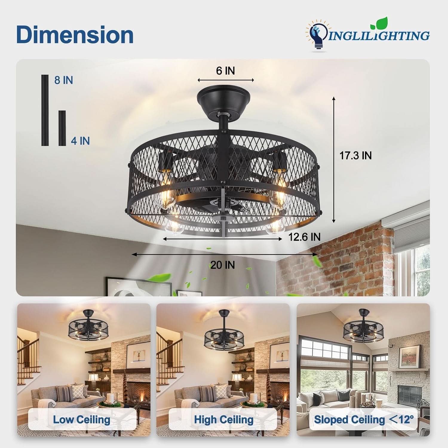 20 Inches Matte Black Enclosed Ceiling Fan Lighting-1