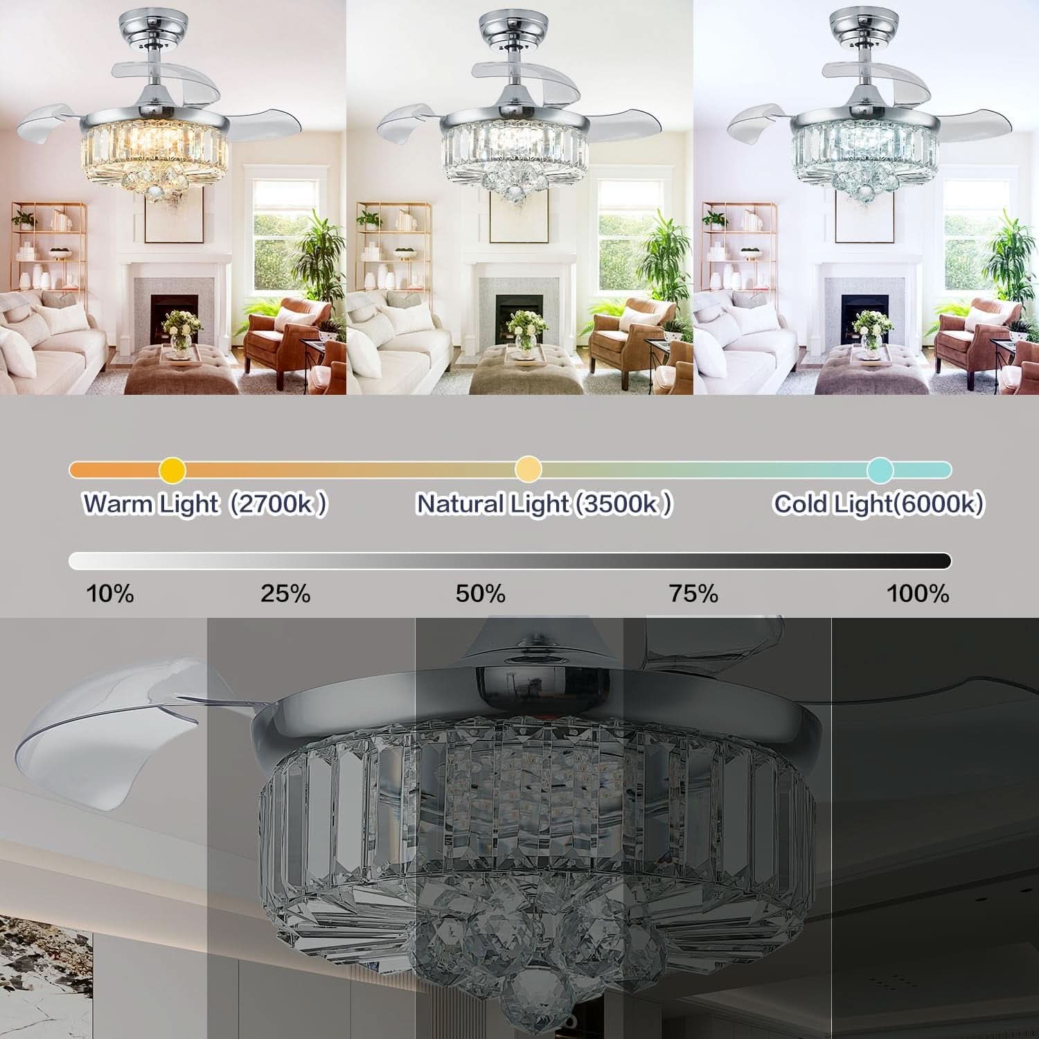 30 Inch Crystal Chandelier Ceiling Fan With Retractable Blades-1