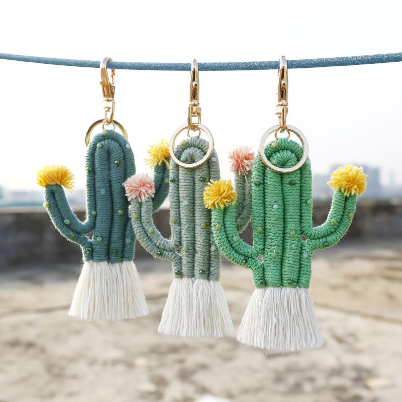 Handmade Bohemian Cactus Key Chain with Rice Beads