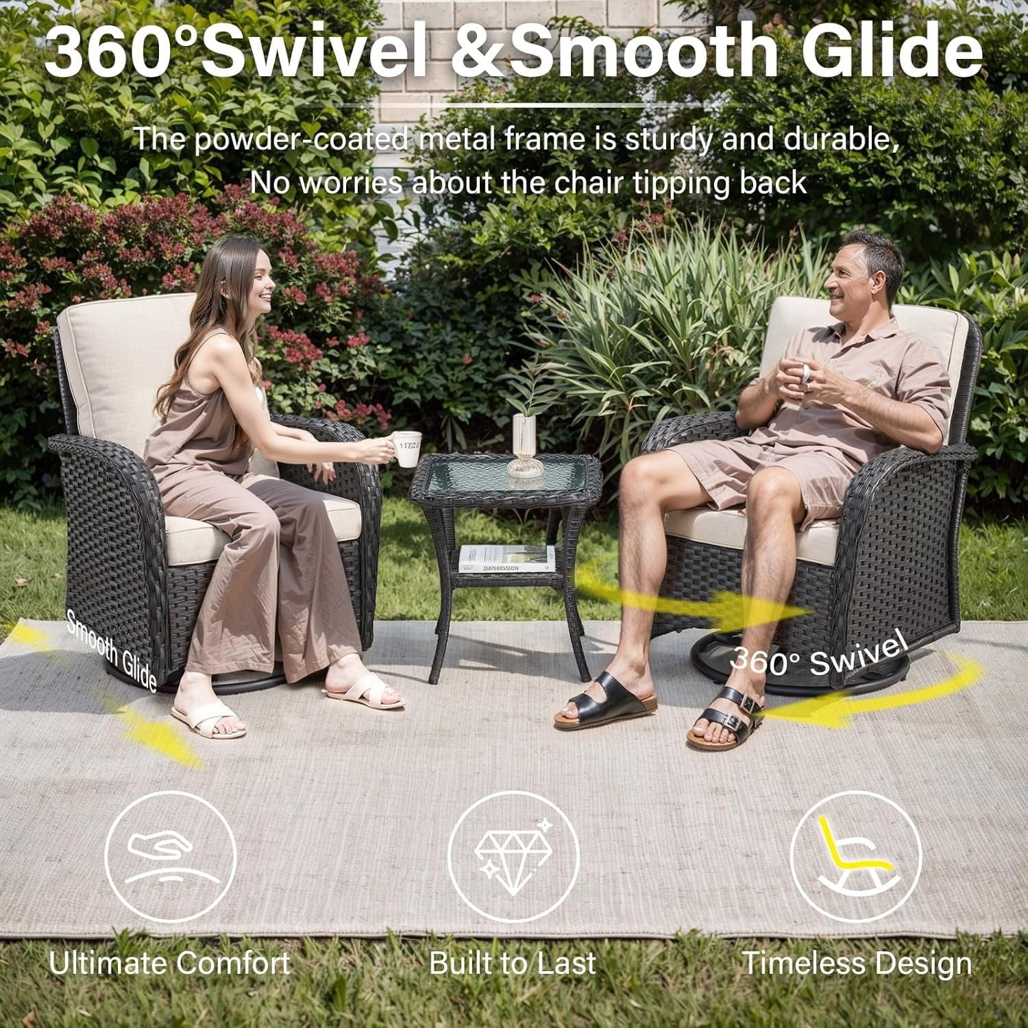 3 Piece Black Wicker Patio Furniture Set With Swivel Rocker Chairs And Side Table Beige Cushions