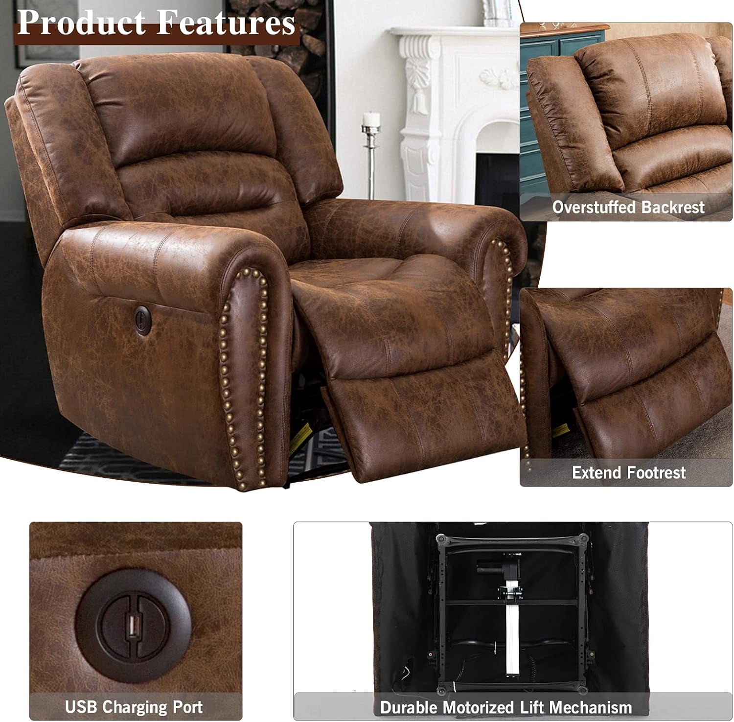 Nut Brown Electric Recliner Chair With USB Port Comfort
