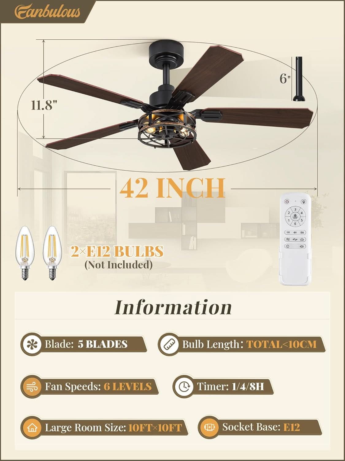42 Inch Rustic Caged Ceiling Fan With Integrated LED-4