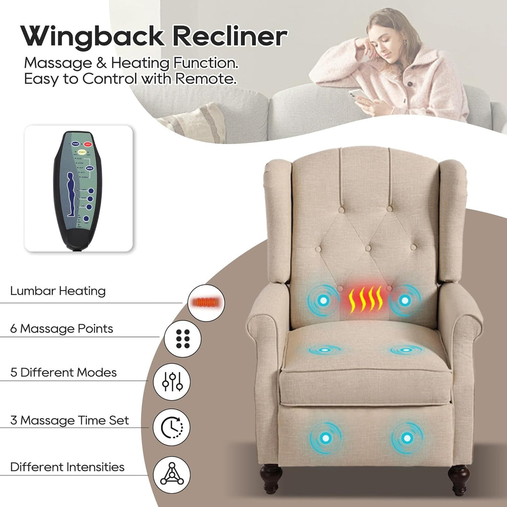 Wingback Recliner Chair With Massage And Heat Tufted Fabric