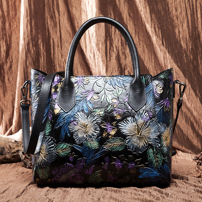 Vintage Flower Embossed Genuine Leather Handbag