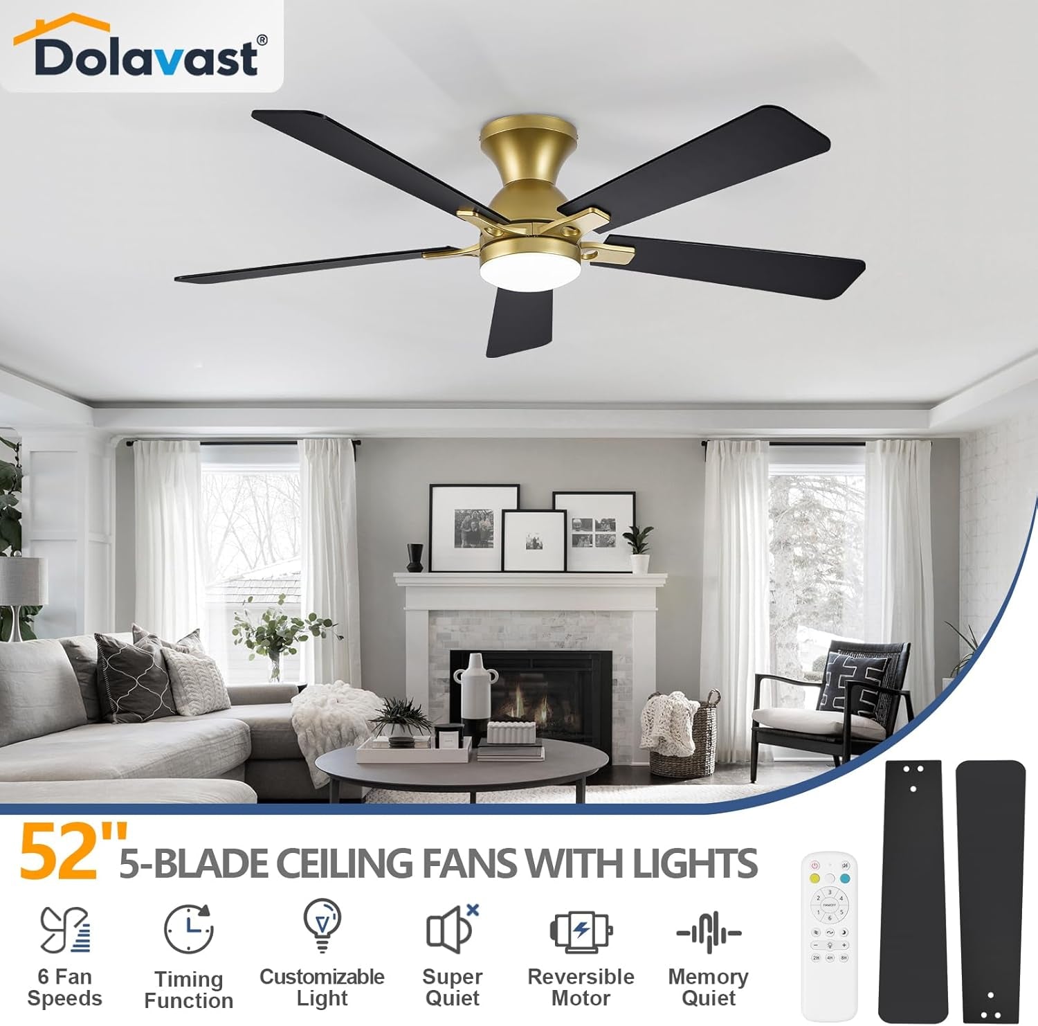 52 Inch Goldtone Fandelier Flush Mount Fan Dimmable LED-1