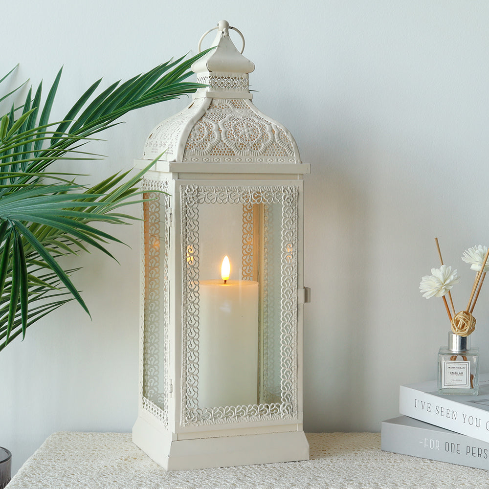 Rustic Metal Decorative Candle Lantern Hanging  Candle Holder with Tempered Glass(White)-0