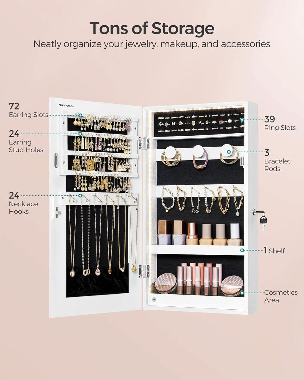 Mirror Jewelry Cabinet Armoire With LED Lights White-3