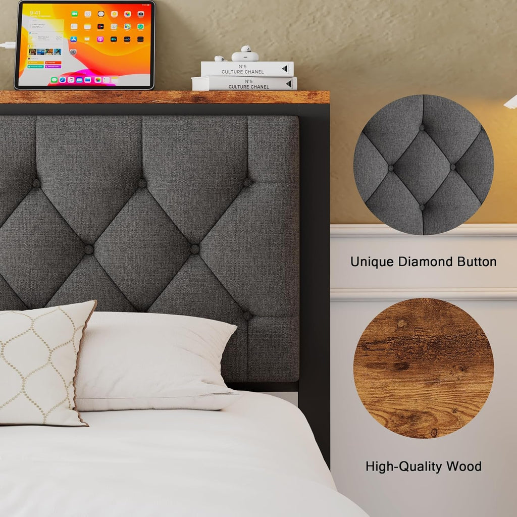 Full Size Bed Frame With Grey Storage Drawers USB Ports