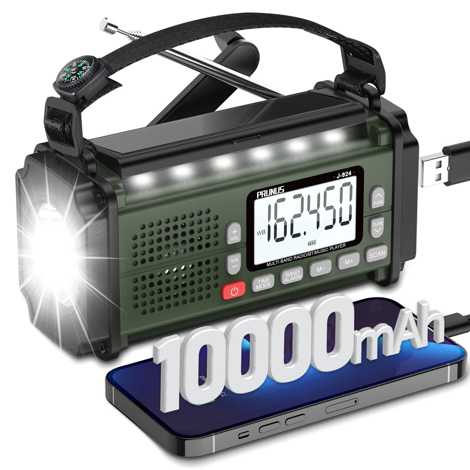PRUNUS 924 10000mAh/37000mWh Hand Crank Radio AAA Batteries Powered Emergency Radio Solar NOAA Weather Radio AM/FM/SW USB Charging Torch& Reading Light SOS Alarm Power Bank Compass for Camping