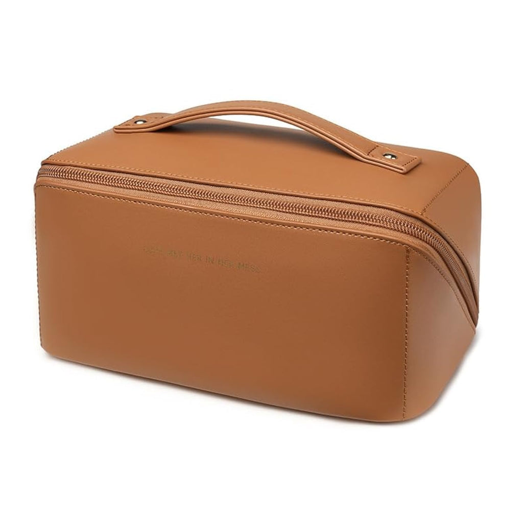 zaleeta Travel Makeup Bag Large Capacity Cosmetic Organizer Bags for Women Waterproof PU Leather Toiletry Bags Wide Open Flat Makeup Case with Divider and Handle